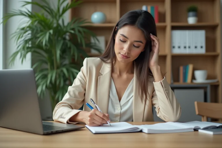 Jeune femme concentrée travaillant à son bureau professionnel