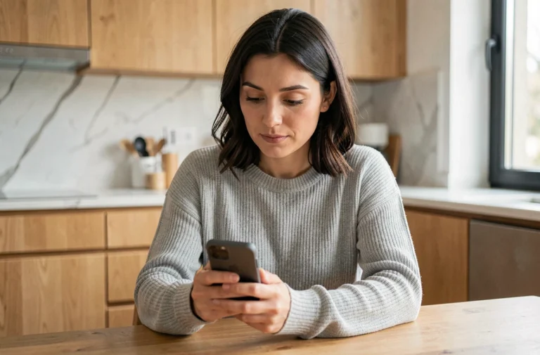 Femme consultant son solde Lycamobile sur smartphone dans une cuisine moderne