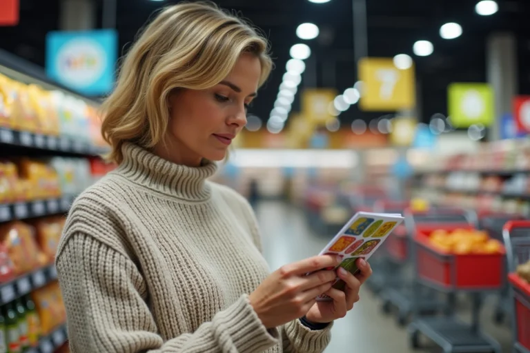 Femme tenant un carnet de vignettes Armor Lux chez Intermarché pour économiser sur ses achats