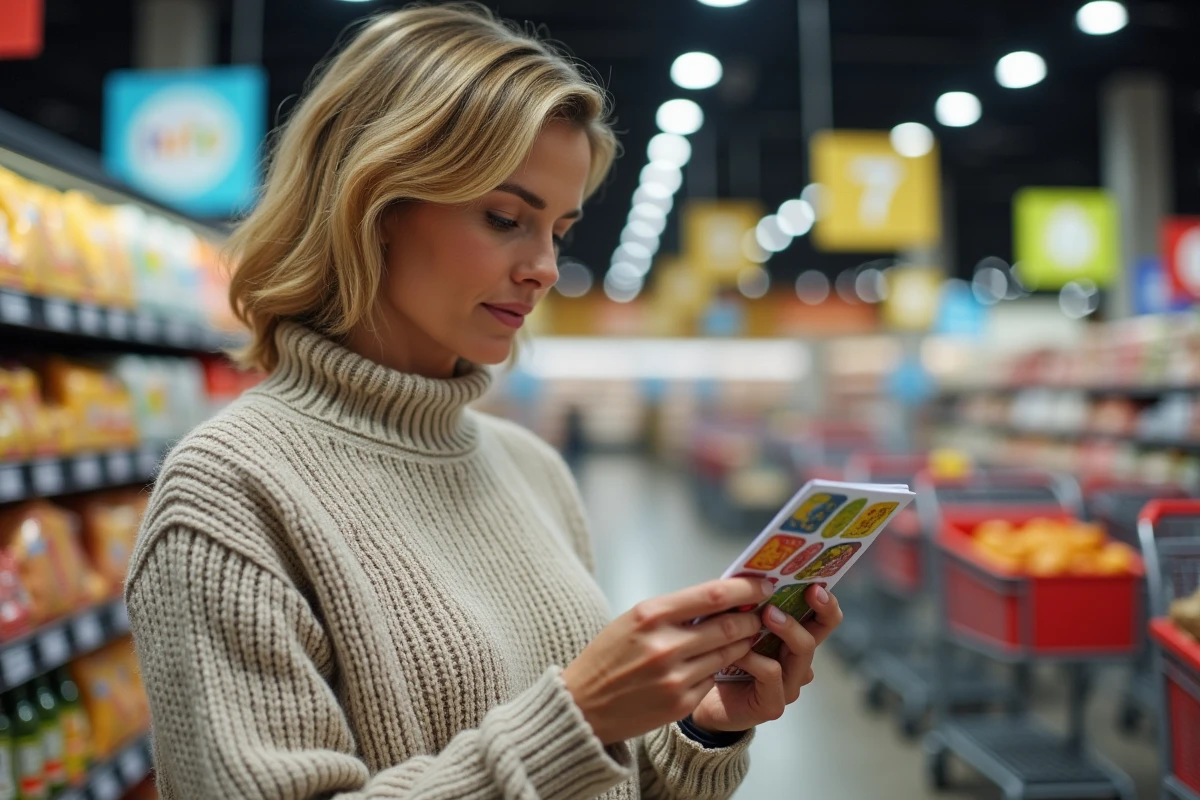 Femme tenant un carnet de vignettes Armor Lux chez Intermarché pour économiser sur ses achats