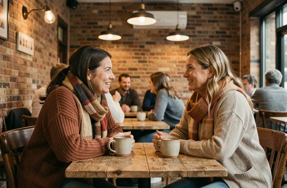 Deux femmes en conversation animée dans un café rustique, symbolisant le partage et l'inspiration au cœur de la sphère féminine actuelle