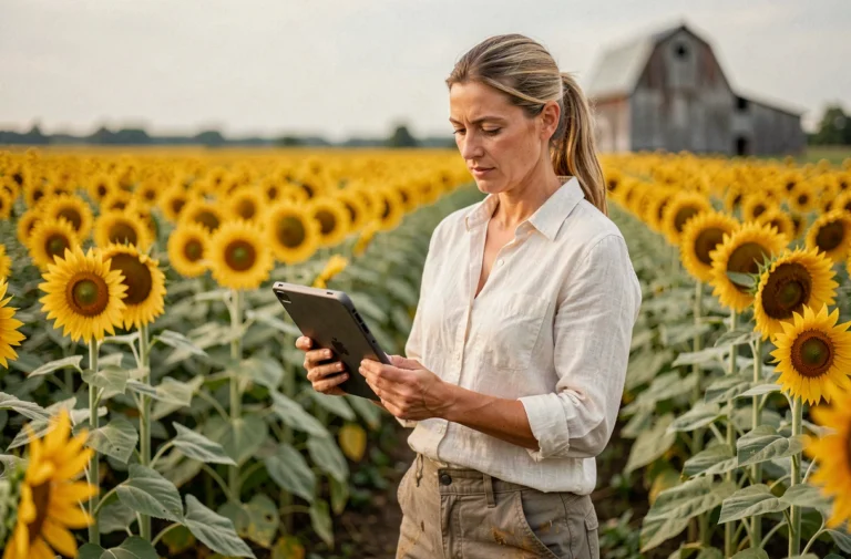 Responsable agricole femme consultant une application numérique de recrutement sur tablette au bord d'un champ de tournesols