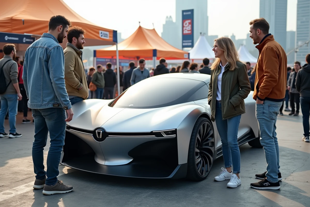 Groupe discutant autour d une voiture concept futuriste