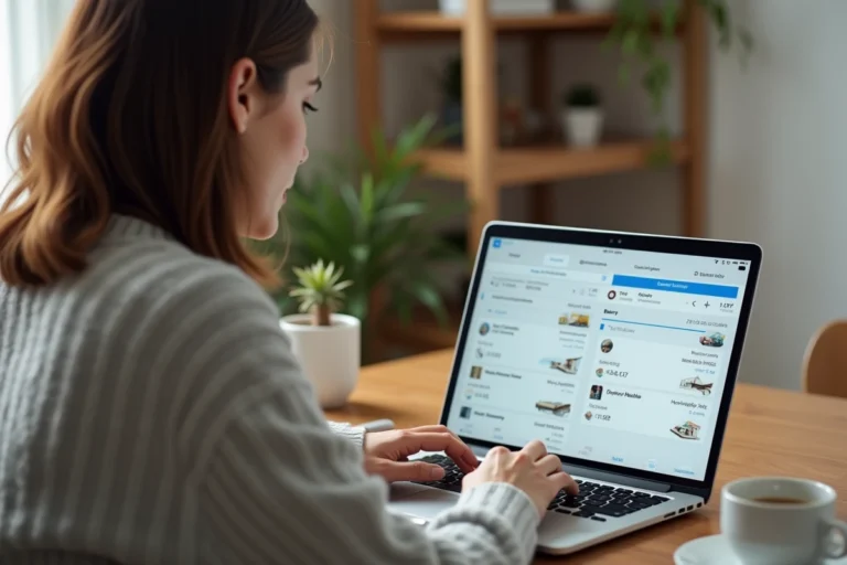 Femme consultant l'historique de réservation Booking sur un ordinateur portable dans un bureau à domicile