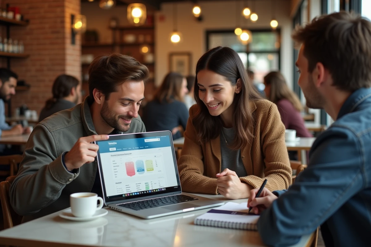Couple consultant et optimisant l'utilisation de l'historique de réservations Booking dans un café