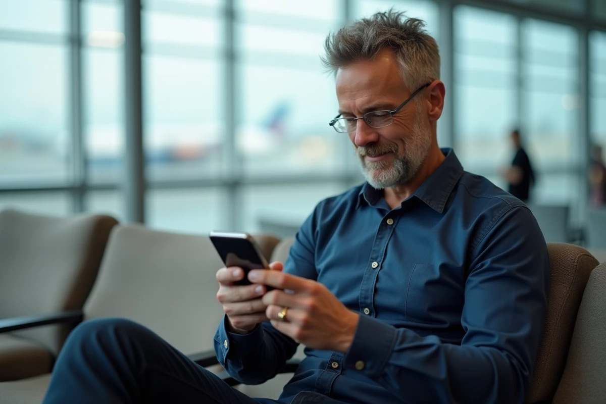 Homme vérifiant son historique de réservation Booking sur smartphone dans un salon d'aéroport