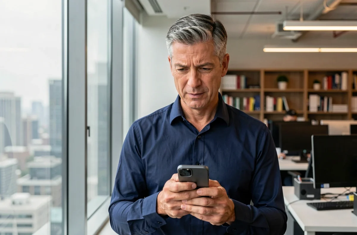 Homme d'affaires vérifiant son forfait Lycamobile sur téléphone en milieu de travail
