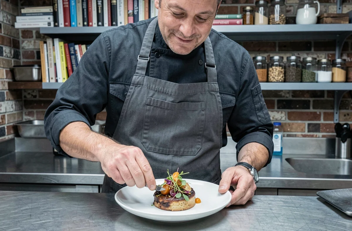 Homme dressant une assiette gastronomique avec soin dans une cuisine urbaine moderne, illustration de recettes créatives et originales