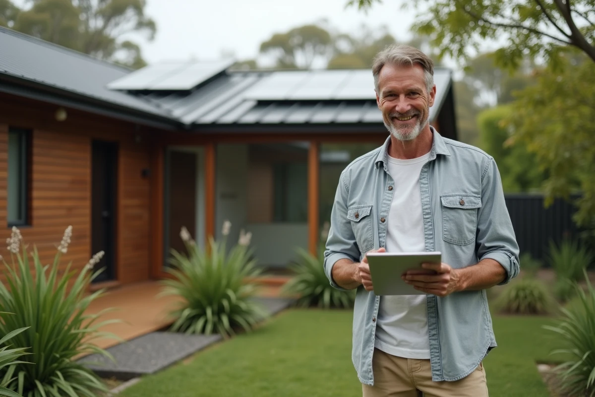 Homme vérifie maison écologique dans le jardin