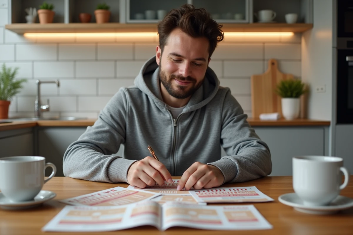 Homme organisant ses vignettes Armor Lux sur une table de cuisine pour calculer ses économies