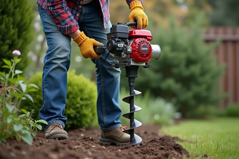 Homme d'âge moyen utilisant une perceuse à essence dans un jardin verdoyant