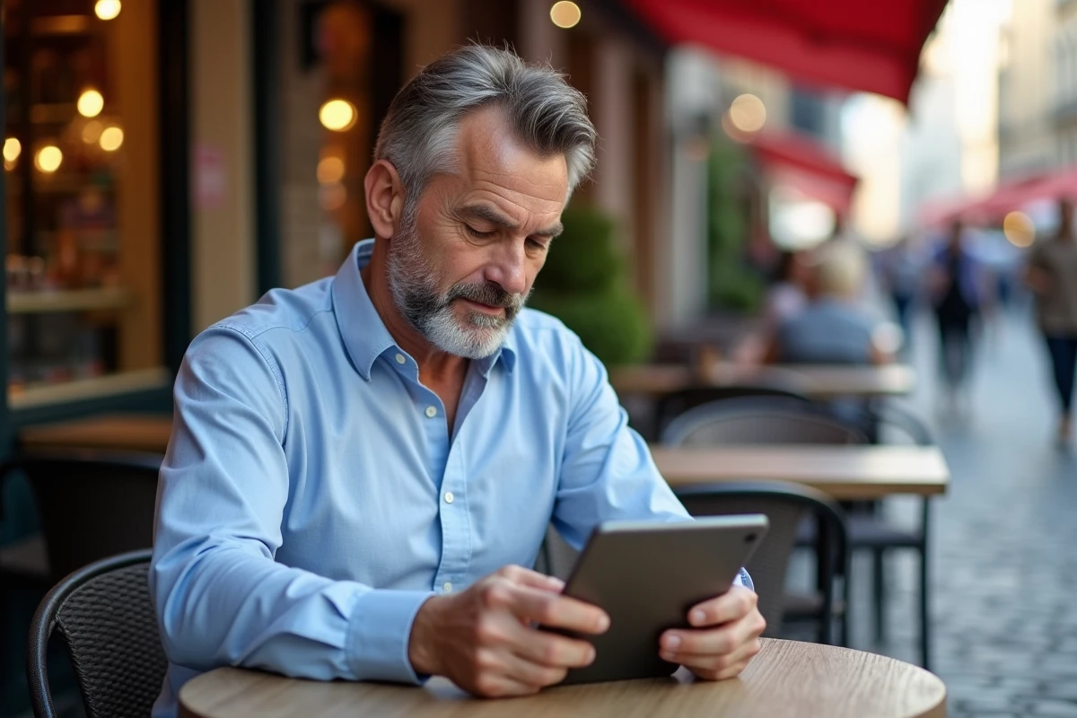 Homme en terrasse de café en réseau avec collègues sur tablette