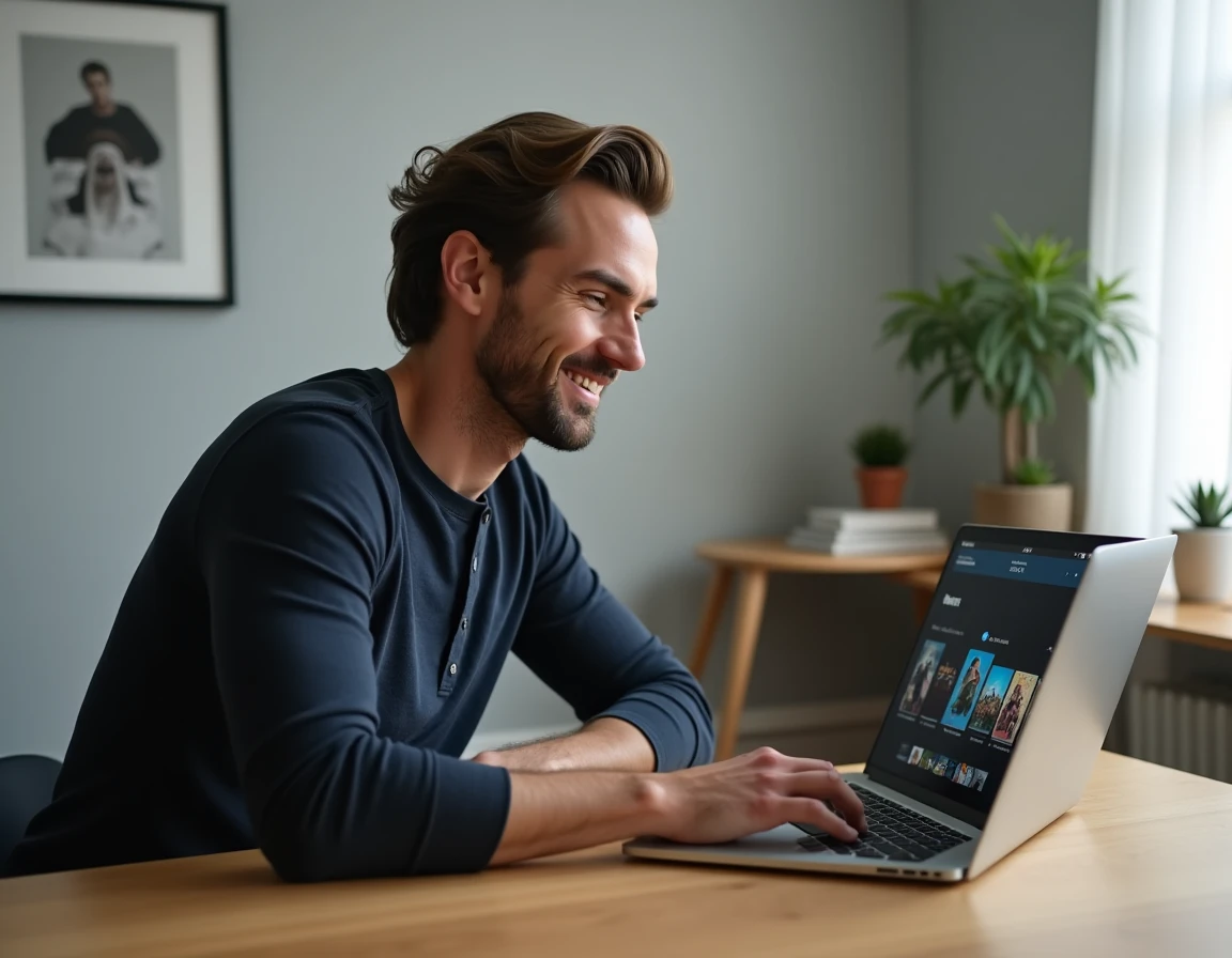Homme consultant des alternatives gratuites de streaming sur son ordinateur portable dans un bureau à domicile