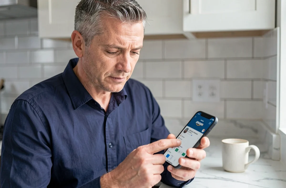 Homme consultant l'application Amazon sur smartphone pour supprimer l'historique de ses commandes depuis sa cuisine