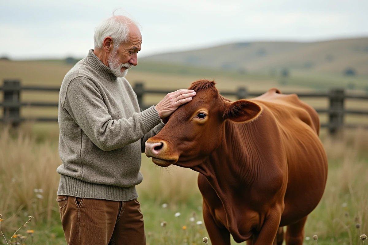 Homme âgé avec une vache dans un champ rural
