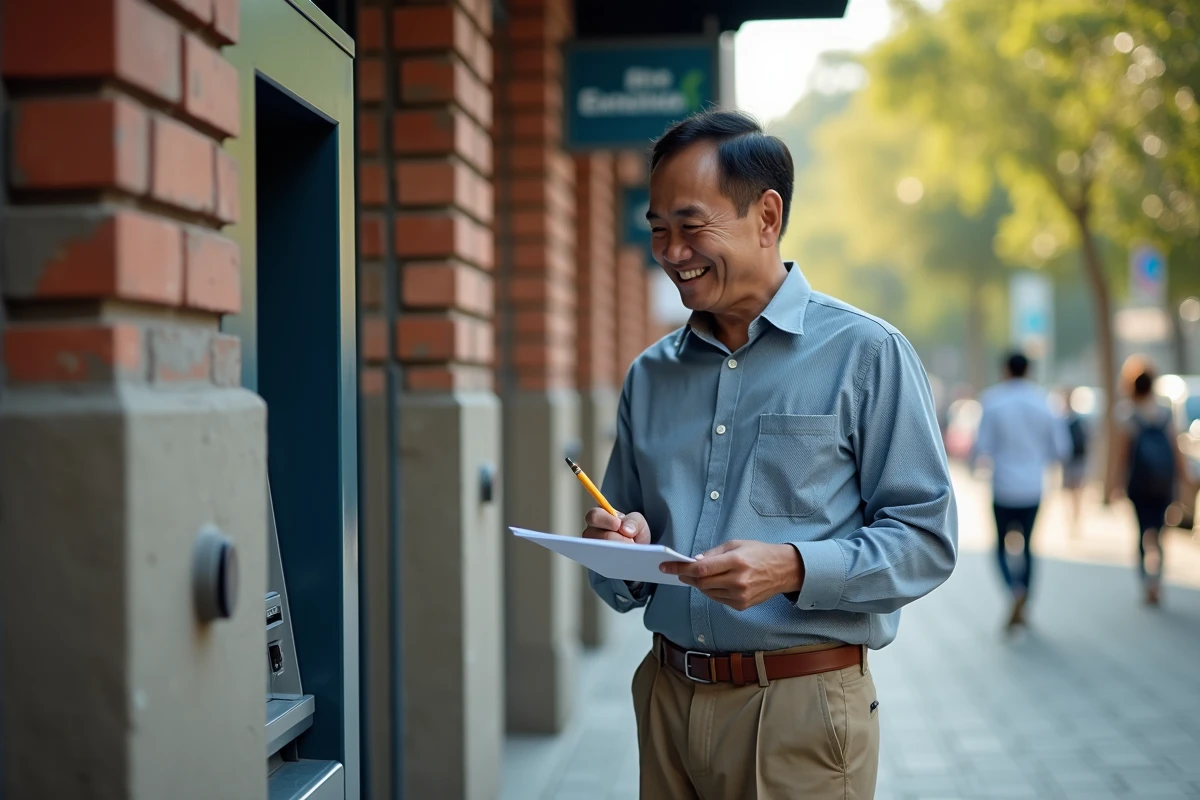 Homme asiatique vérifie ses finances à un distributeur automatique