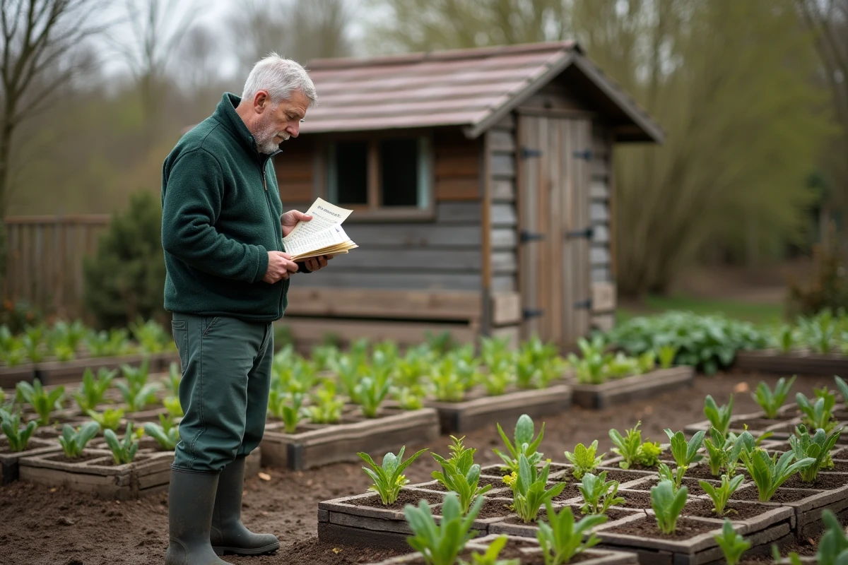 Homme jardinier consultant un calendrier de plantation et des sachets de graines dans un potager écologique au printemps
