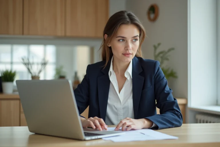Jeune femme en blazer bleu met à jour son CV dans une cuisine lumineuse