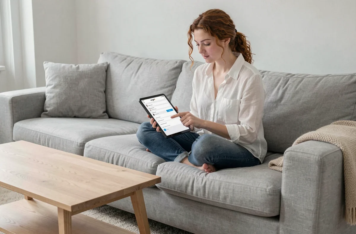Jeune femme supprimant l'historique de commandes Amazon sur une tablette depuis son salon