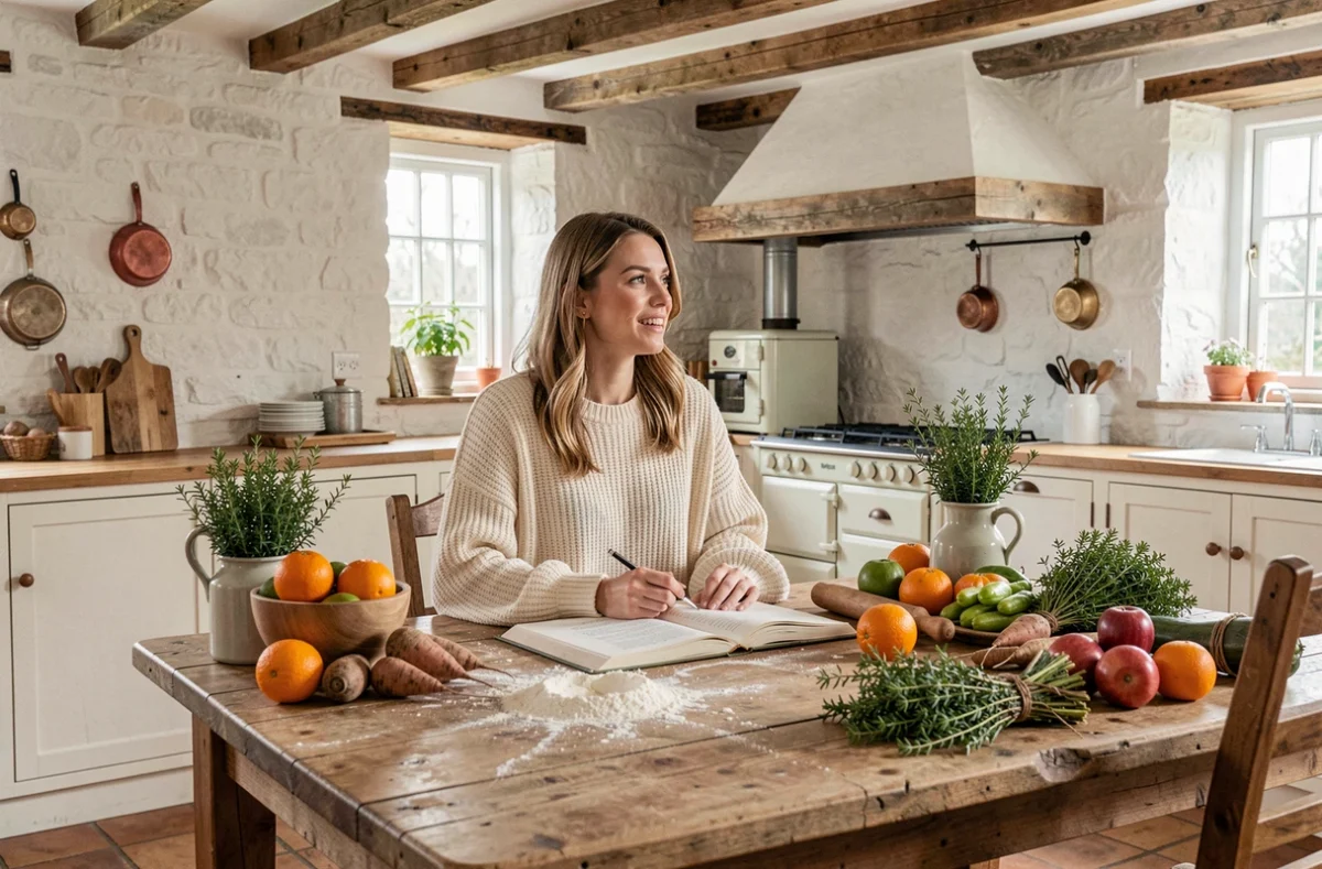Jeune femme entourée d'ingrédients frais et de carnets de recettes dans une cuisine campagnarde rustique, inspiration pour réinventer la cuisine quotidienne