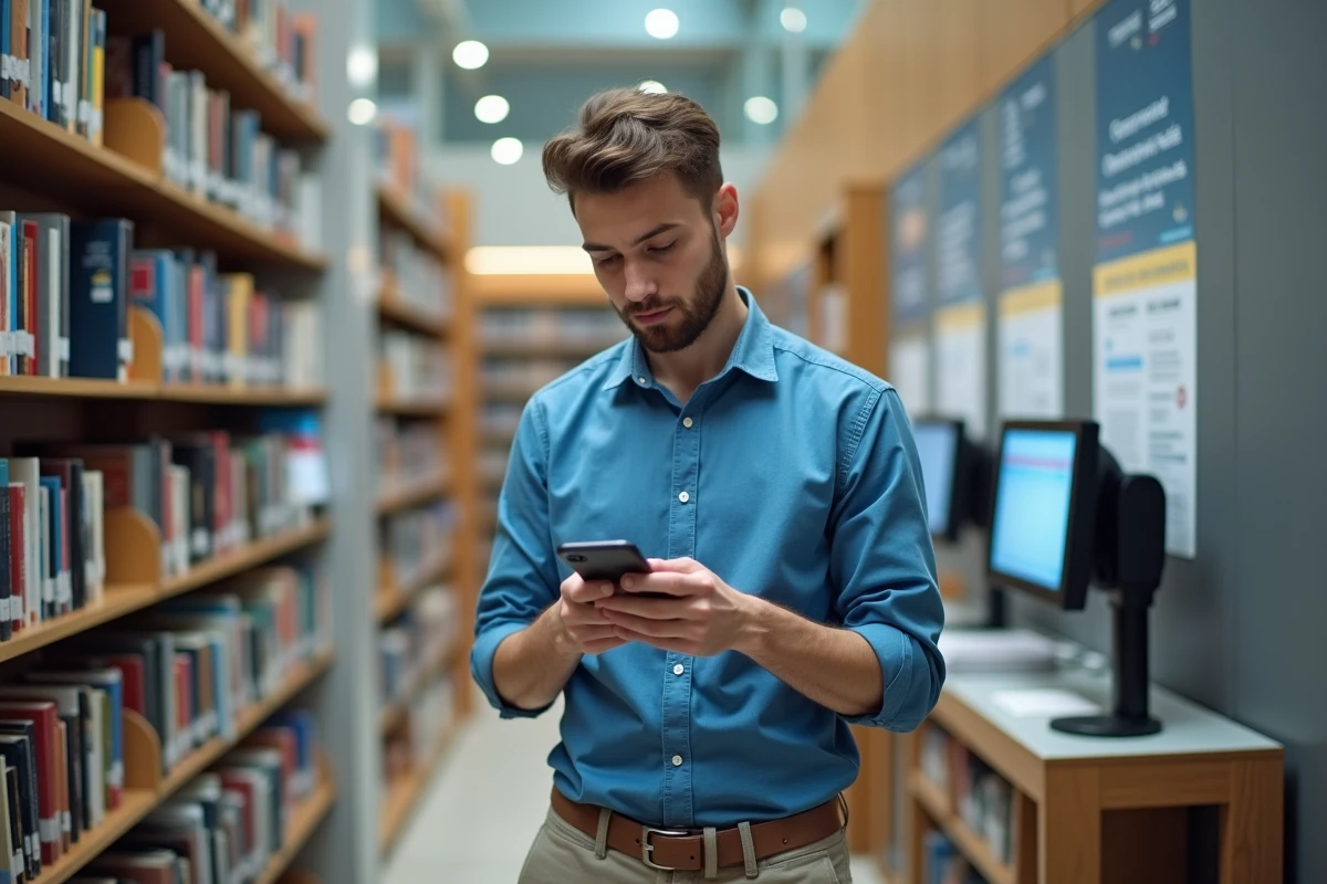Jeune homme utilisant son smartphone dans une bibliothèque moderne
