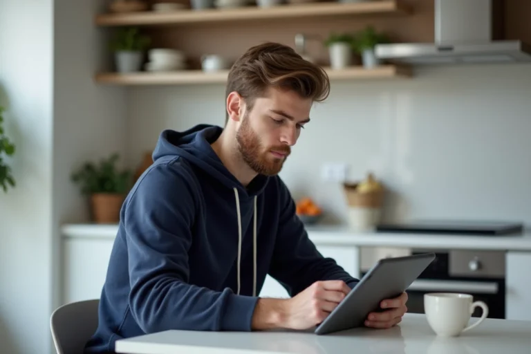 Jeune homme utilisant une tablette dans une cuisine moderne