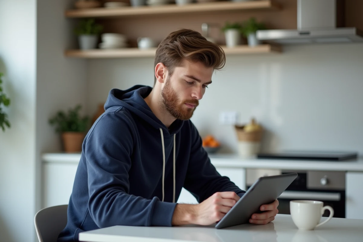 Jeune homme utilisant une tablette dans une cuisine moderne