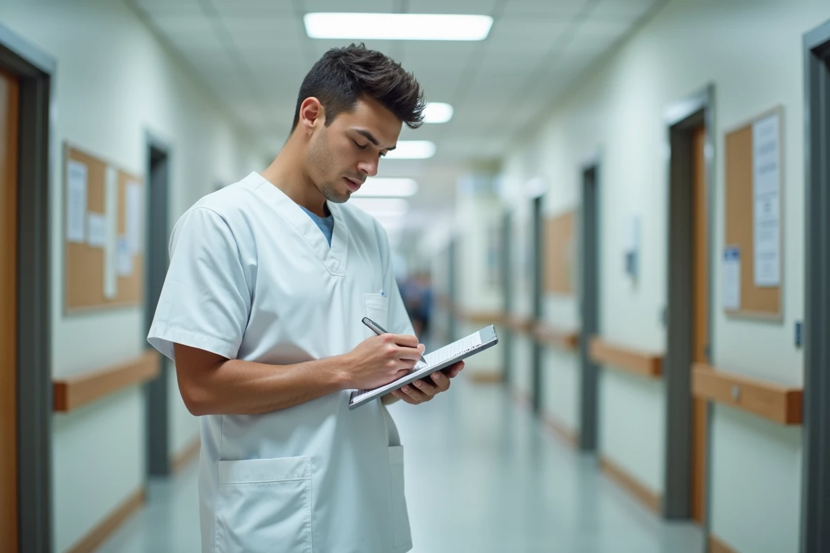 Jeune infirmier note des informations sur une tablette dans un couloir