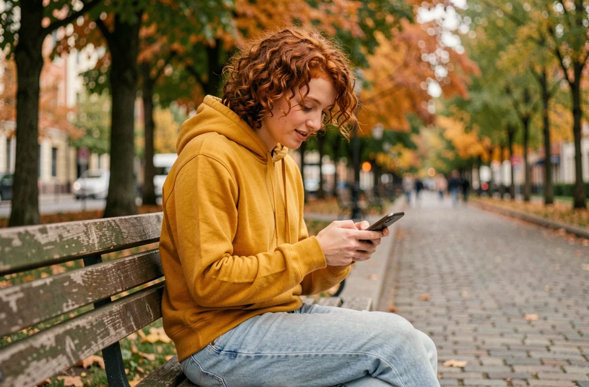 Jeune personne vérifiant son solde Lycamobile sur téléphone dans un parc urbain en automne