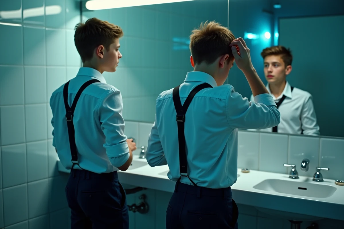 Deux jeunes adolescents se préparant dans les toilettes avant d'entrer dans une boîte de nuit en France