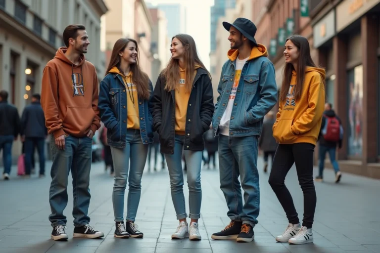Groupe de jeunes en streetwear vintage dans la ville