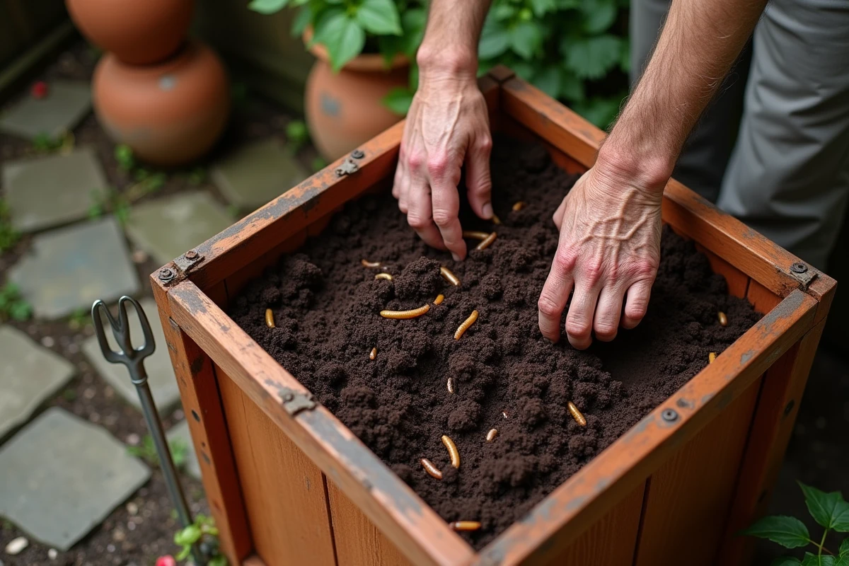 Gros plan de mains retournant du compost riche en vers de terre dans un bac en bois d'un jardin écologique