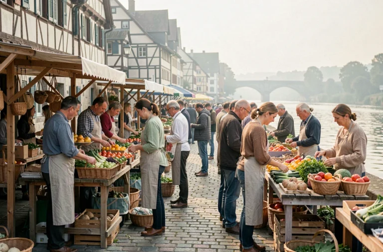 Marché local animé en bord de Rhin avec des habitants découvrant les nouveautés et événements de la vie locale alsacienne
