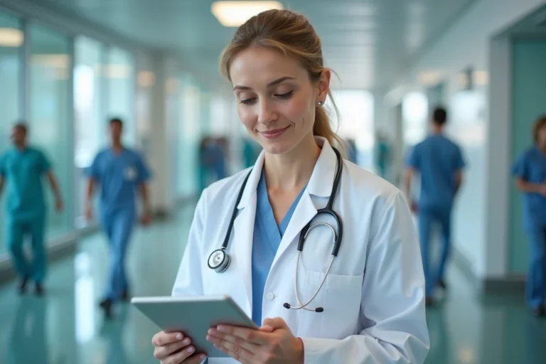 Medecin femme en blanc dans un hôpital moderne