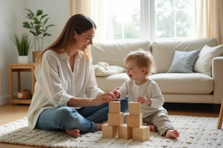 Mère et enfant jouant avec des cubes en bois sur un tapis dans un salon familial chaleureux