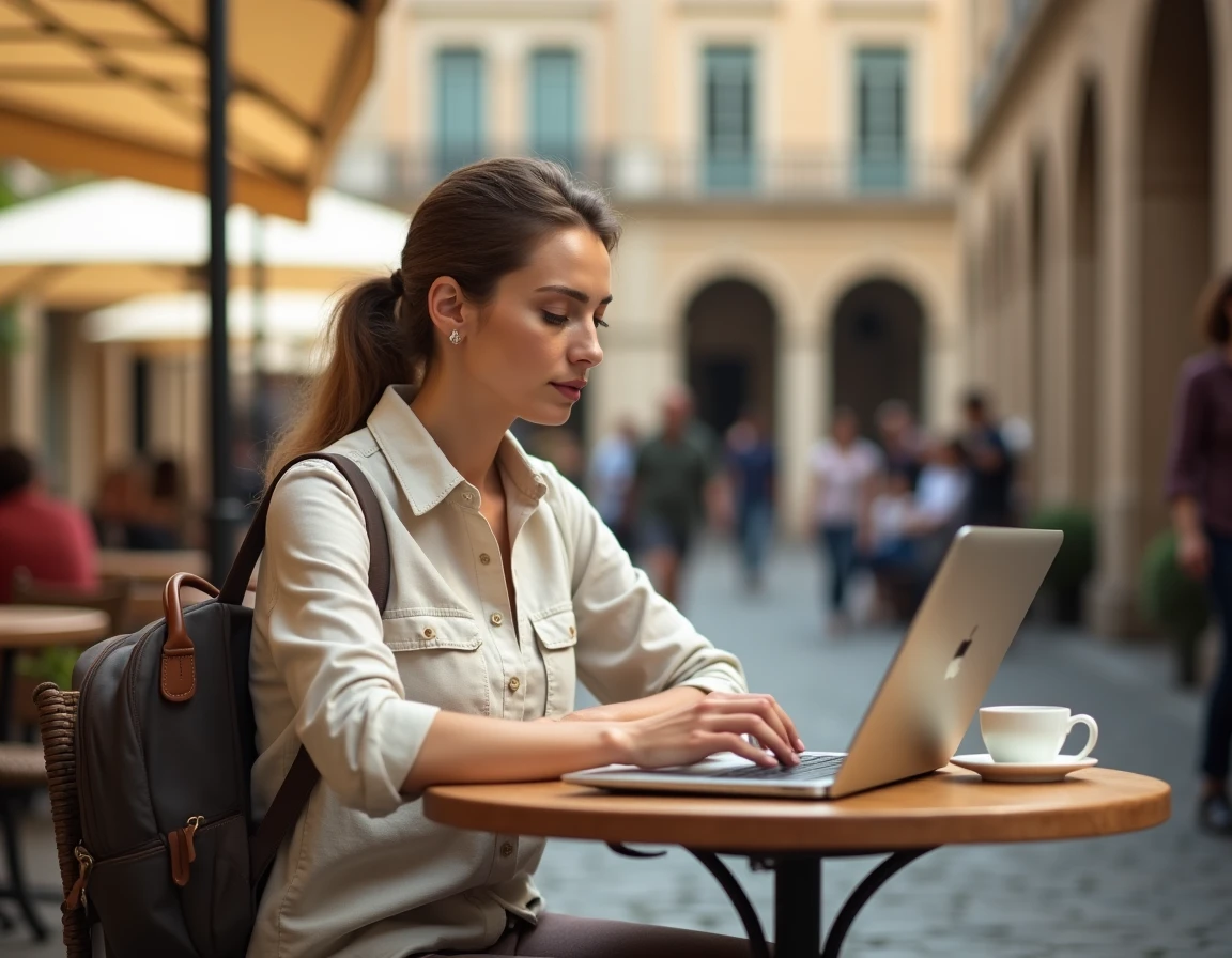 Nomade numérique travaillant sur son ordinateur portable dans un café en plein air sur une place européenne pavée