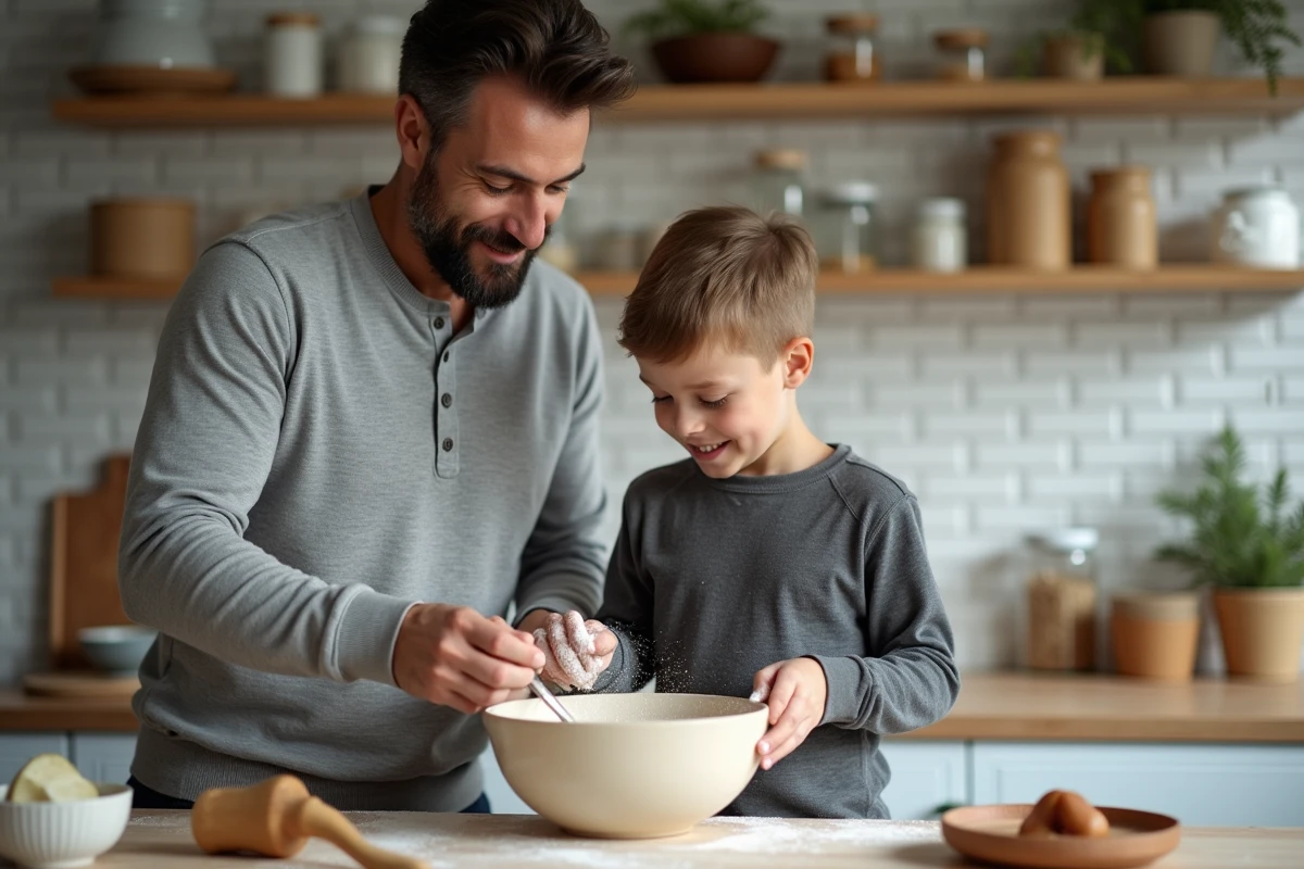 Père et fils cuisinant ensemble dans une cuisine familiale moderne, mains couvertes de farine