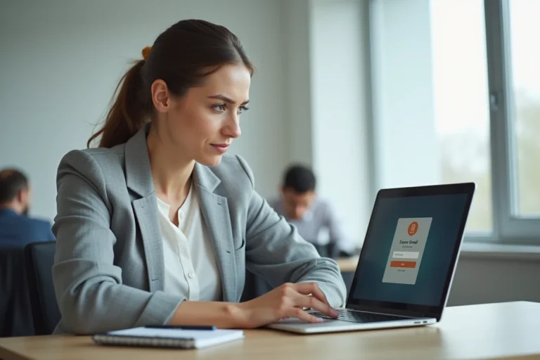 Femme enseignante face à une erreur de connexion sur le webmail Ac Lyon depuis son ordinateur portable au bureau