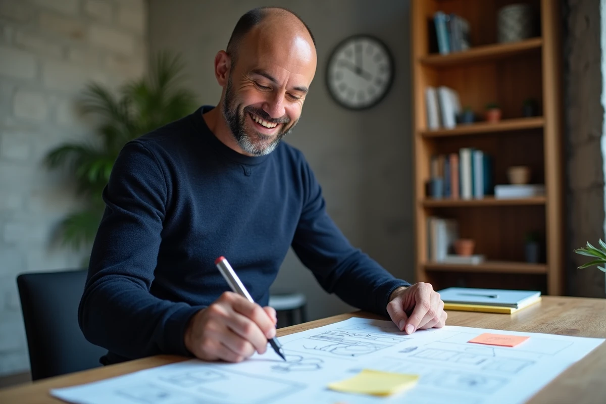 Un professionnel UX annotant des wireframes de structure de site web dans un bureau à domicile moderne