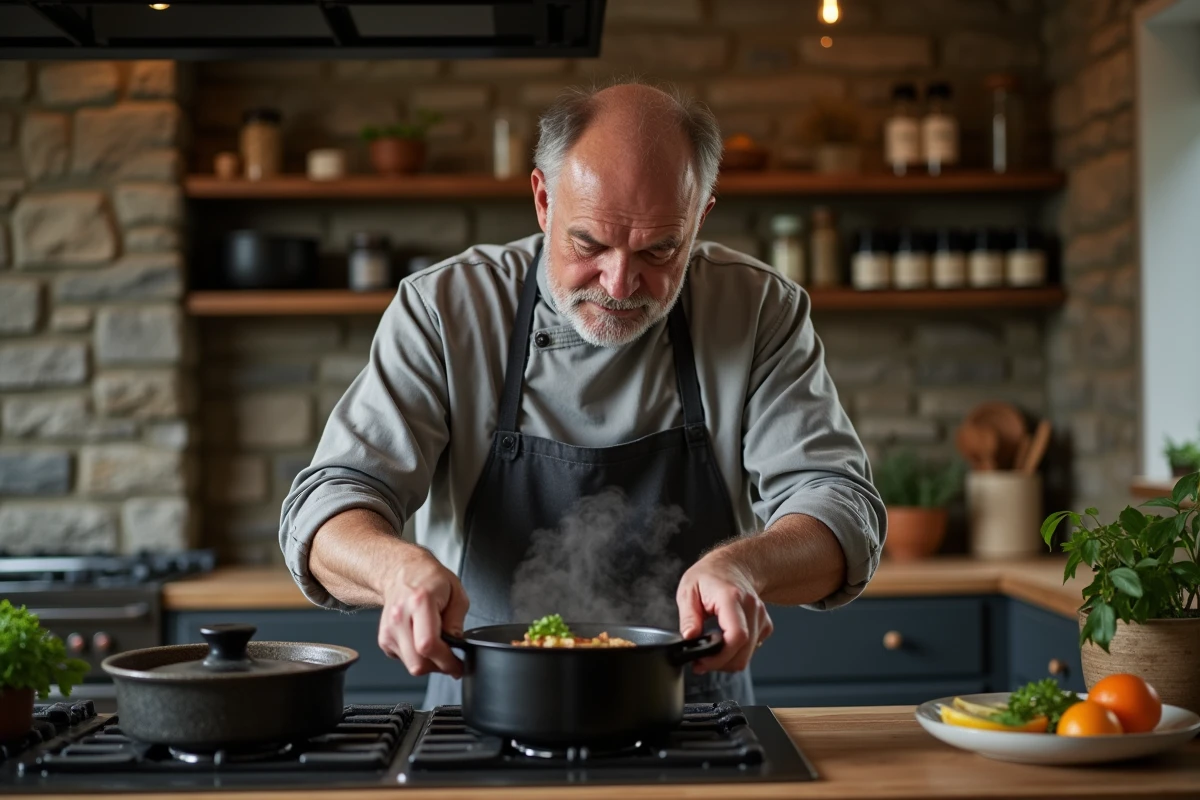 Homme réchauffant des paupiettes de veau dans une cocotte en fonte sur la cuisinière
