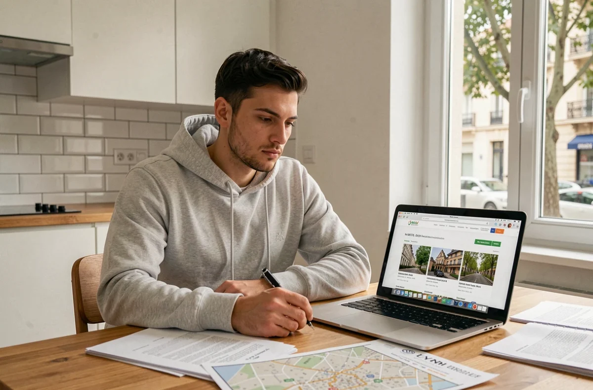 Jeune acheteur recherchant un appartement à Lyon sur ordinateur avec des documents immobiliers