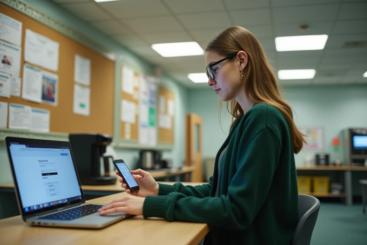 Jeune enseignante utilisant son smartphone pour résoudre un problème de mot de passe sur le webmail Ac Lyon en salle des professeurs