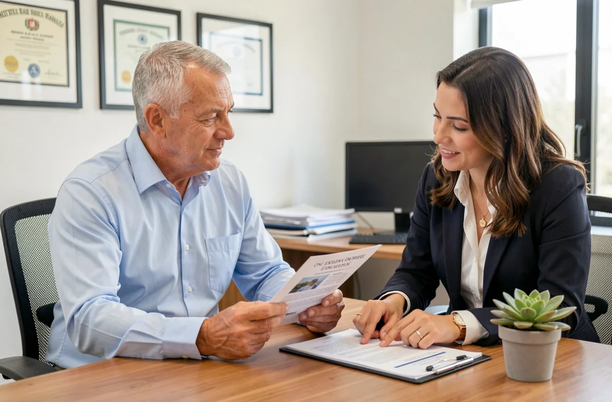 Senior homme en rendez-vous avec un conseiller en mutuelle santé dans un bureau professionnel