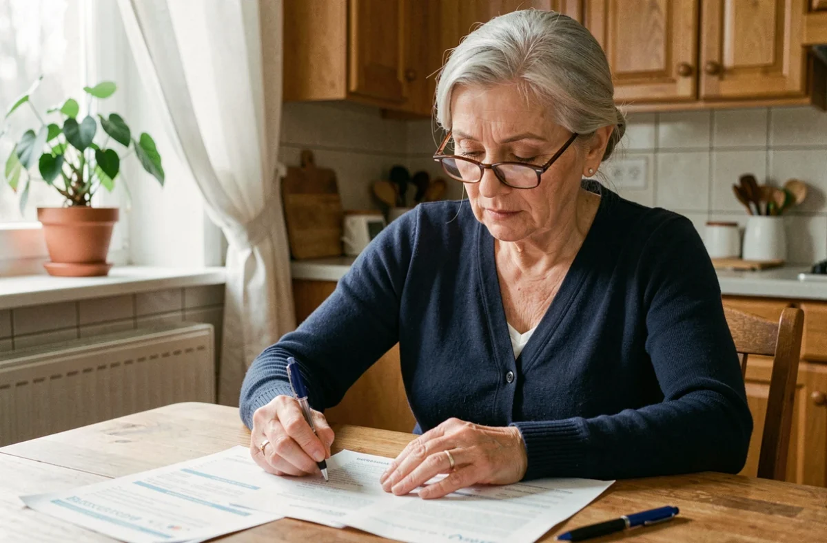Femme senior lisant attentivement des documents de mutuelle santé à sa table de cuisine