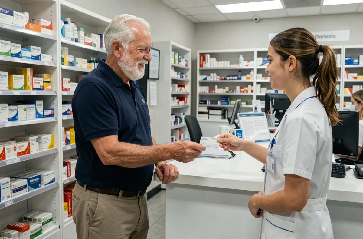 Senior homme de plus de 65 ans bénéficiant d'une aide médicale à la pharmacie grâce à ses avantages retraite