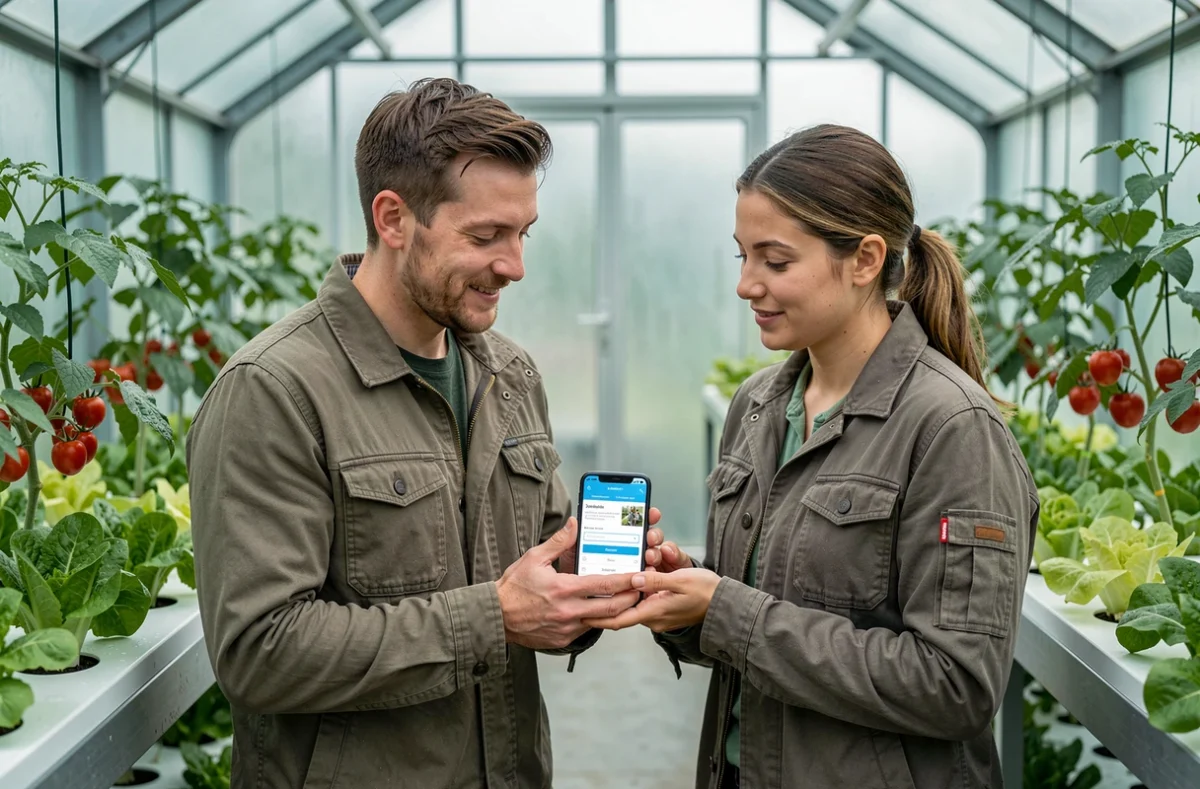 Deux travailleurs agricoles consultant une plateforme numérique d'offres d'emploi sur smartphone dans une serre hydroponique moderne
