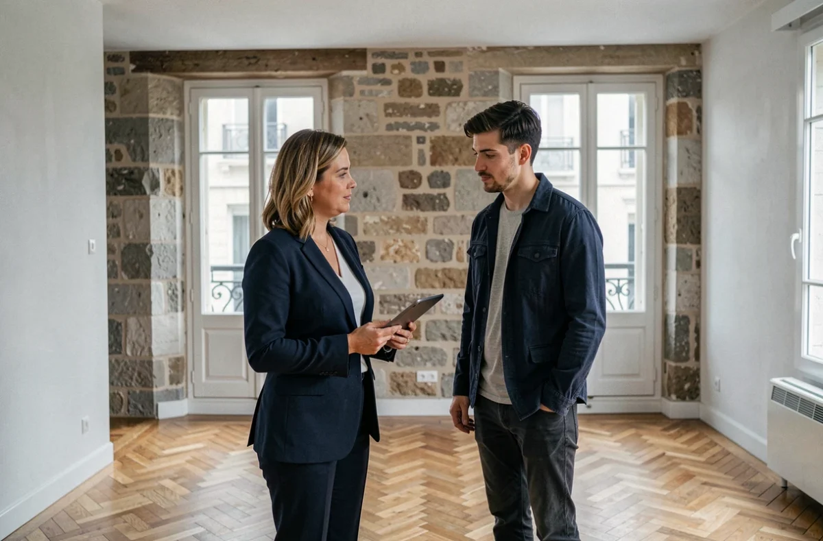 Agent immobilière présentant un appartement vide avec parquet ancien à un acheteur à Lyon