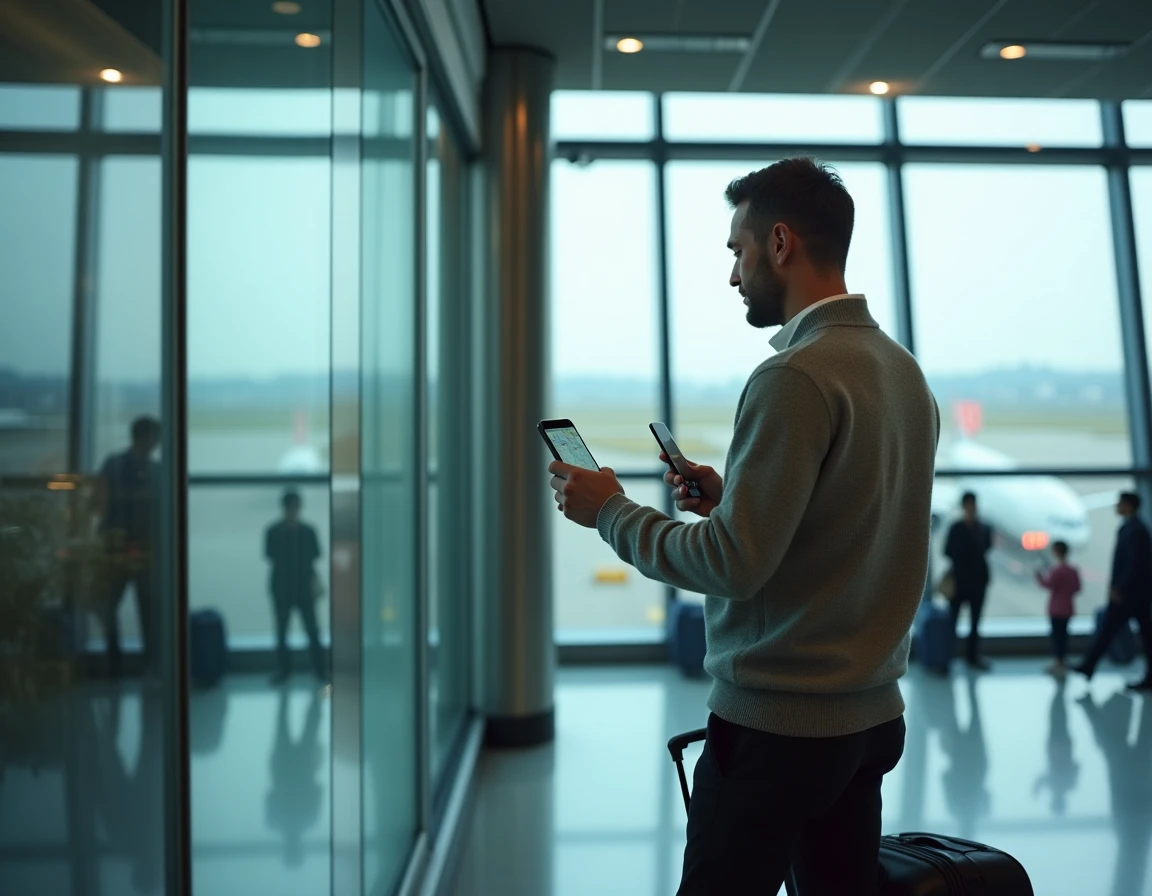 Voyageur connecté consultant son smartphone dans un terminal d'aéroport moderne avec une valise cabine